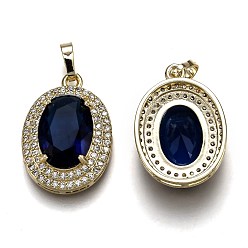 Medium Blue Golden Plated Brass Micro Pave Clear Cubic Zirconia Pendants, with Glass, with Snap on Bails, Long-Lasting Plated, Oval, Medium Blue, 22.5x16x7mm, Hole: 3x5mm