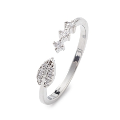 Платина Прозрачное кольцо-манжета в виде листьев кубического циркония, украшения из латуни для женщин, платина, внутренний диаметр: 18 мм