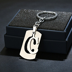 Letter C 201 porte-clés en acier inoxydable, porte-clés étiquette de chien, avec porte-clés en fer plaqué platine, rectangle avec lettre fractionnée, letter.c, 10.5 cm