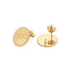 Real 14K Gold Plated Ion Plating(IP) 304 Stainless Steel Stud Earring Findings, Earring Setting for Enamel, with Ear Nuts and Loops, Flat Round, Real 14K Gold Plated, 16mm, Hole: 2mm, Pin: 0.7mm, Tray: 4mm