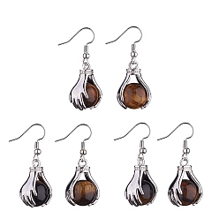 Tiger Eye Natural Tiger Eye Palm Dangle Earrings, Platinum Brass Jewelry for Women, 38.5mm, Pin: 0.6mm