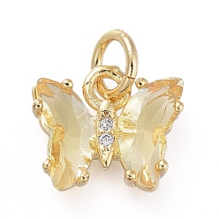 Pale Goldenrod Brass Micro Pave Clear Cubic Zirconia Pendant, with Glass, Butterfly, Golden, Pale Goldenrod, 18mm