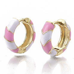 Pearl Pink Brass Huggie Hoop Earrings, with Two Tone Enamel, Real 18K Gold Plated, Pearl Pink, 16x16.5x5mm, Pin: 1x1mm