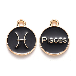 Pisces Alloy Enamel Pendants, Cadmium Free & Lead Free, Flat Round with Constellation, Light Gold, Black, Pisces, 22x18x2mm, Hole: 1.5mm