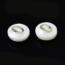 Number Natural Freshwater Shell Beads, with Golden Plated Brass Metal Embellishments, Flat Round with Number, Num.0, 8x4.5mm, Hole: 0.8mm
