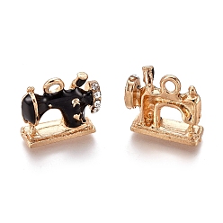 Black Alloy Pendants, with Enamel and Crystal Rhinestone, Sewing Machine, Golden, Black, 13.5x16x6mm, Hole: 2mm