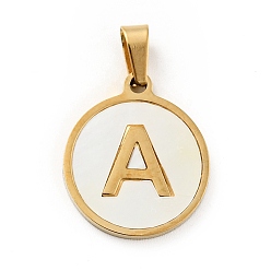 Letter A Vacuum Plating 304 Stainless Steel with White Shell Pendants, Golden, Flat Round with Letter Charm, Letter.A, 18x16x1.5mm, Hole: 3x6mm