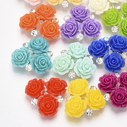 Mixed Color Resin Cabochons, with Silver Color Plated Alloy and Crystal Rhinestone, Flower, Mixed Color, 27~29x27~28x9.5mm