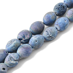 Blue Plated Electroplated Natural Druzy Geode Agate Bead Strands, Drum, Blue Plated, 14~14.5x12mm, Hole: 1mm, about 14pcs/strand, 7.87 inch