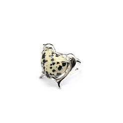 Dalmatian Jasper Natural Dalmatian Jasper Heart Adjustable Rings, Platinum Brass Ring, US Size 8(18.1mm)