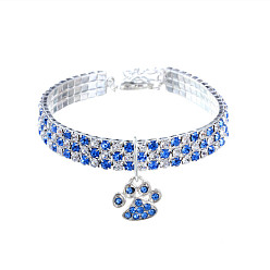 Sapphire Adjustable 3-Row Brass Crystal Rhinestone Cup Chain Pet Collars, Slider Paw Print Pendant Cat Dog Choker Necklace, Sapphire, 300mm