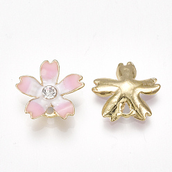 Pink Alloy Charms, with Enamel and Rhinestone, Sakura, Crystal, Light Gold, Pink, 14x15x3mm, Hole: 1.2mm