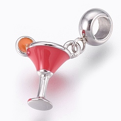 Stainless Steel Color 304 Stainless Steel European Dangle Charms, Large Hole Pendants, with Enamel, Cup, Crimson, Stainless Steel Color, 25mm, Hole: 4mm, Pendant: 15x13x9mm