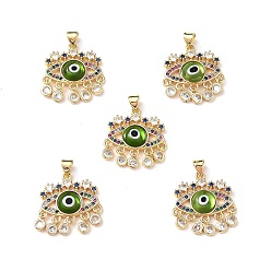 Light Green Lampwork Evil Eye Pendants with Colorful Cubic Zirconia, Real 18K Gold Plated Brass Findings, Lead Free & Cadmium free, Light Green, 27x22.5x4.5mm, Hole: 4x3.5mm