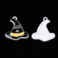 Black Spray Painted Alloy Enamel Pendants, Cadmium Free & Nickel Free & Lead Free, Halloween, Witch Hat with Word Good, Black, 25x22x3mm, Hole: 2mm