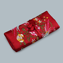 Brique Rouge Pochettes en rouleau à fermeture éclair en soie rectangle rétro, sacs de rangement de bijoux de fleurs brodées avec corde à cordon, firebrick, 20x9 cm, ouvert: 27x20 cm