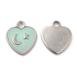 Stainless Steel Color 304 Stainless Steel Enamel Pendants, Heart with Moon & Star Charm, Stainless Steel Color, 11x10x1mm, Hole: 1.6mm