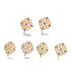 Mixed Color Brass Stud Earring Findings, Cubic Zirconia and Loop, Real Gold Plated, Flower, Nickel Free, Mixed Color, 13x12mm, Hole: 0.8mm, Pin: 0.8mm
