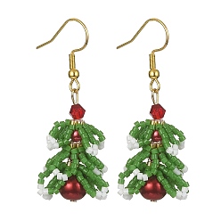 Medium Sea Green Seed & Imitation Pearl Christmas Tree Dangle Earrings, 304 Stainless Steel Earrings, Medium Sea Green, 47mm