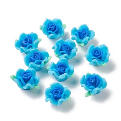 Deep Sky Blue Handmade Polymer Clay Beads, Rose, Deep Sky Blue, 9.5~11x15~16x14~17mm, Hole: 1.4~2mm