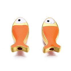 Dark Orange Rack Plating Alloy Enamel Beads, Cadmium Free & Lead Free, Fish, Light Gold, Dark Orange, 17x8x4.5mm, Hole: 1.8mm