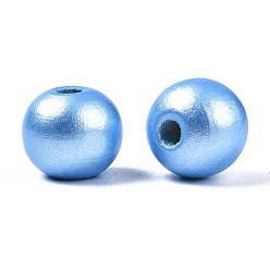 Bleu Ciel Clair Perles de bois naturel peintes, nacré, ronde, lumière bleu ciel, 10x8.5mm, Trou: 3mm