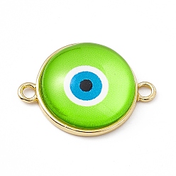Lime Evil Eye Resin Connector Charms, Flat Round Links, with Golden Tone Brass Findings, Lime, 16.5x22x5mm, Hole: 1.8mm