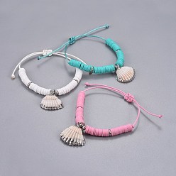 Mixed Color Eco-Friendly Korean Waxed Polyester Cord Braided Bracelets, with Polymer Clay Heishi Beads, Shell and Brass Findings, Mixed Color, 1-1/8 inch~3-1/4 inch(2.7~8.2mm)
