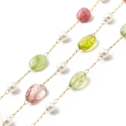 Mixed Stone Ion Plating(IP) 316 Surgical Stainless Steel Paperclip Chains, with Natural Gemstone Nuggets Beads and Glass Beads, Soldered, Real 18K Gold Plated, with Spool, Link: 2.5x1x0.5mm