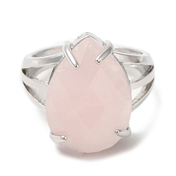 Cuarzo Rosa Anillos ajustables de lágrima de cuarzo rosa natural, anillo de latón platino, sin plomo y el cadmio, tamaño de EE. UU. 7 (17.3 mm)