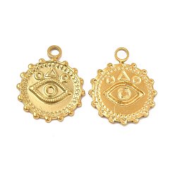 Golden Ion Plating(IP) 304 Stainless Steel Pendant Cabochon Settings, Sun with Eye, Golden, Tray: 1~1.8mm, 21.5x18x1.5mm, Hole: 2.5mm