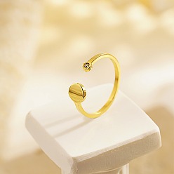 Golden Stainless Steel Flat Round Open Cuff Ring with Cubic Zirconia, Golden, Inner Diameter: 19mm