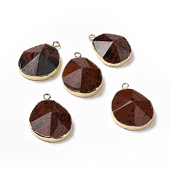 Obsidienne Acajou Acajou naturel pendentifs en obsidienne, avec les accessoires en laiton, facette, goutte , or, 31~35x20~25x7~9mm, Trou: 2.5mm