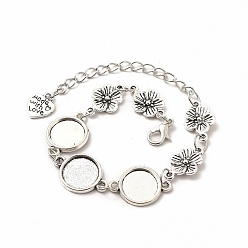 Antique Silver Alloy Bracelets & Anklets Making, Flower Link Bracelet with Heart Charm, Blank Cabochon Setting, Antique Silver, 9-5/8 inch(24.5cm), Round Tray: 12mm