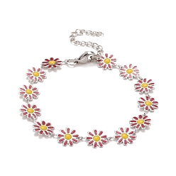 Blue Violet Enamel Daisy Link Chains Bracelet, 304 Stainless Steel Jewelry for Women, Stainless Steel Color, Blue Violet, 7-1/4 inch(18.4cm)