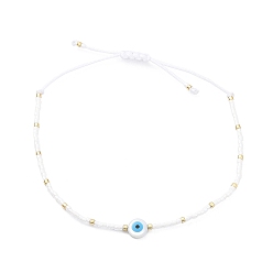 Blanc Bracelet réglable en perles miyuki graine et résine mauvais œil tressé pour femme, blanc, diamètre intérieur: 1-3/4~2-3/4 pouce (4.4~7.1 cm)