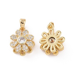 Real 18K Gold Plated Rotatable Brass Micro Clear Pave Cubic Zirconia Charms, Flower, Real 18K Gold Plated, 14x11x6.3mm, Hole: 2.5x5mm