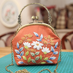 Orange DIY Kiss Lock Coin Purse Embroidery Kit, Including Embroidered Fabric, Embroidery Needles & Thread, Metal Purse Handle, Flower Pattern, Orange, 210x165x40mm
