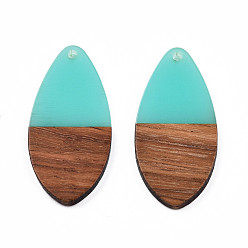 Turquoise Transparent Resin & Walnut Wood Pendants, Teardrop Shape Charm, Turquoise, 38x18x3mm, Hole: 2mm