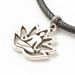 Antique Silver Alloy Lotus Pendant Necklace with Imitation Leather Cord, Yoga Theme Jewelry for Women, Antique Silver, 17.87inch (45.4cm)