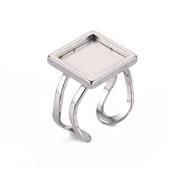 Stainless Steel Color 201 Stainless Steel Cuff Pad Ring Settings, Laser Cut, Square, Stainless Steel Color, Tray: 12x12mm, US Size 7 1/4(17.5)~US Size 8(18mm)