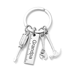Stainless Steel Color Father's Day Theme 201 Stainless Steel Keychain, Hammer & Wrench & Screwdriver & Ruler with Word Grangpa, Stainless Steel Color, 5.7cm