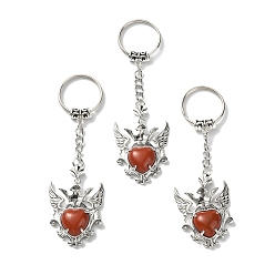 Jaspe Rouge Porte-clés coeur en jaspe rouge naturel avec pendentif aile, avec les accessoires en laiton de tonalité de platine, 9.6 cm