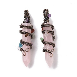 Rose Quartz Natural Rose Quartz Pointed Big Pendants, with Red Copper Plated Rack Plating Brass Findings and Mixed Stone Chip Beads, Cadmium Free & Lead Free, Faceted, Bullet Charm, 64~68x16~17x16~17mm, Hole: 7.5mm