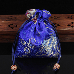 Blue Chinese Style Flower Pattern Satin Jewelry Packing Pouches, Drawstring Gift Bags, Rectangle, Blue, 14x11cm