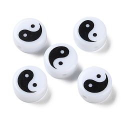 Black Printed Opaque Acrylic Beads, Flat Round with Yinyang Pattern, Black, 14x6.5mm, Hole: 2mm