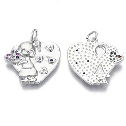 Real Platinum Plated Brass Micro Pave Cubic Zirconia Pendants, Nickel Free, with Jump Rings, for Mother's Day, Heart with Girl, Colorful, Real Platinum Plated, 19.5x20.5x3mm, Jump Ring: 5x0.6mm, inner diameter: 3mm