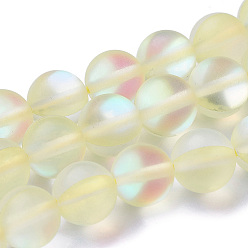 Light Yellow Synthetic Moonstone Beads Strands, Holographic Beads, Half AB Color Plated, Frosted, Round, Light Yellow, 10mm, Hole: 1mm, about 37pcs/strand, 15 inch