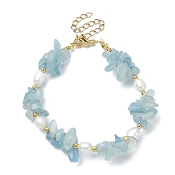 Aquamarine Natural Aquamarine Chips & Pearl Beaded Bracelet, with 304 Stainless Steel Clasps, 7-1/4 inch(18.3cm)
