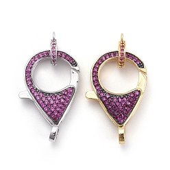 Platinum & Golden Brass Micro Pave Cubic Zirconia Lobster Claw Clasps, with Bail Beads/Tube Bails, Magenta, Platinum & Golden, Clasp: 26.5x17.5x5.5mm, Hole: 2.5mm, Tube Bails: 9.5x7.5x2mm, Hole: 1.2mm